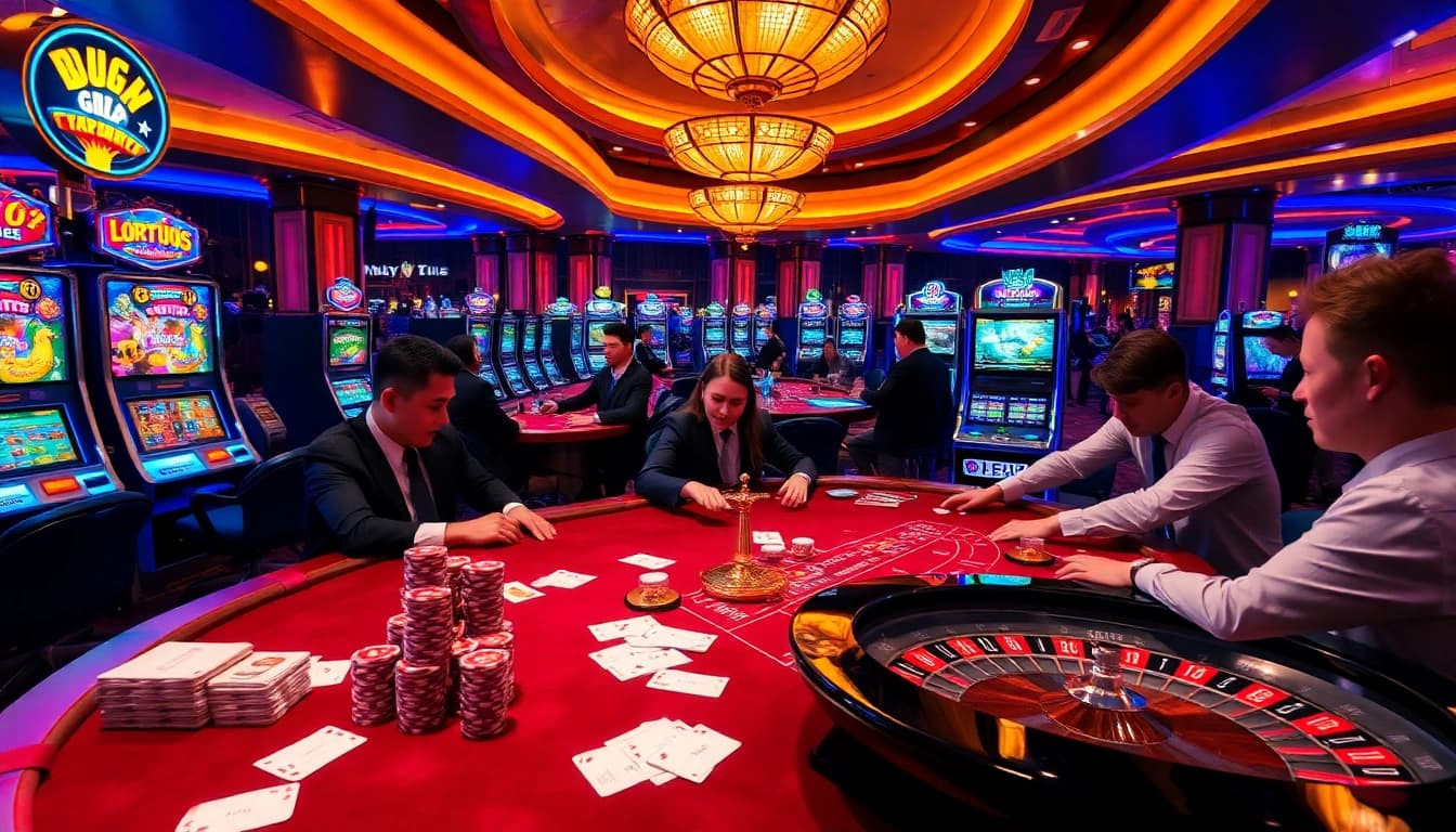 Exciting poker action at DEBET casino table with vibrant slot machines.