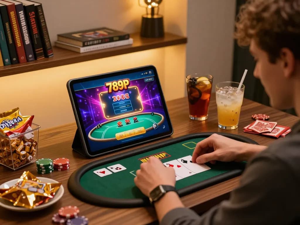 Player enjoying the 789P casino app on tablet, focusing on strategy and engagement in online gambling.