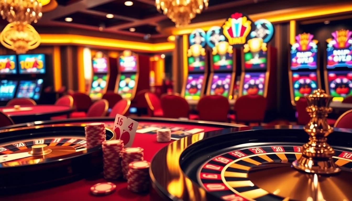 Experience the thrill of 8KBET's luxurious casino environment with vibrant slot machines and elegant gaming tables.