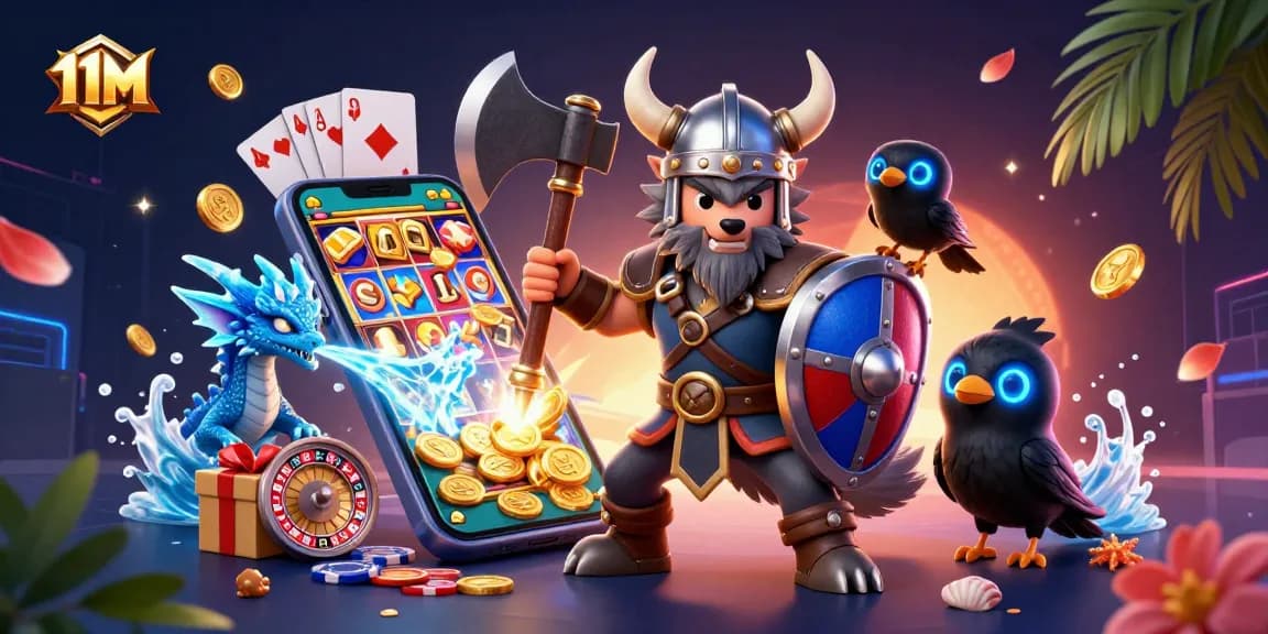 Engage in thrilling slot adventures with 11M, featuring a Viking wolf, fierce dragon, and vibrant casino elements.