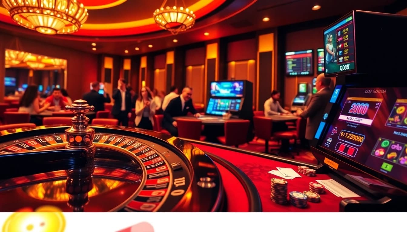 Exciting gambling scene showcasing vibrant casino activities at https://qq88.today/ with roulette and poker.