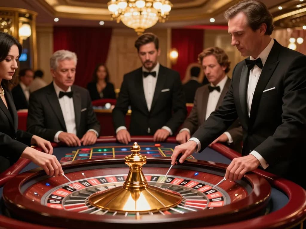 Tỷ lệ kèo nhà cái seen as players strategize while placing bets at a roulette table in a luxurious casino.
