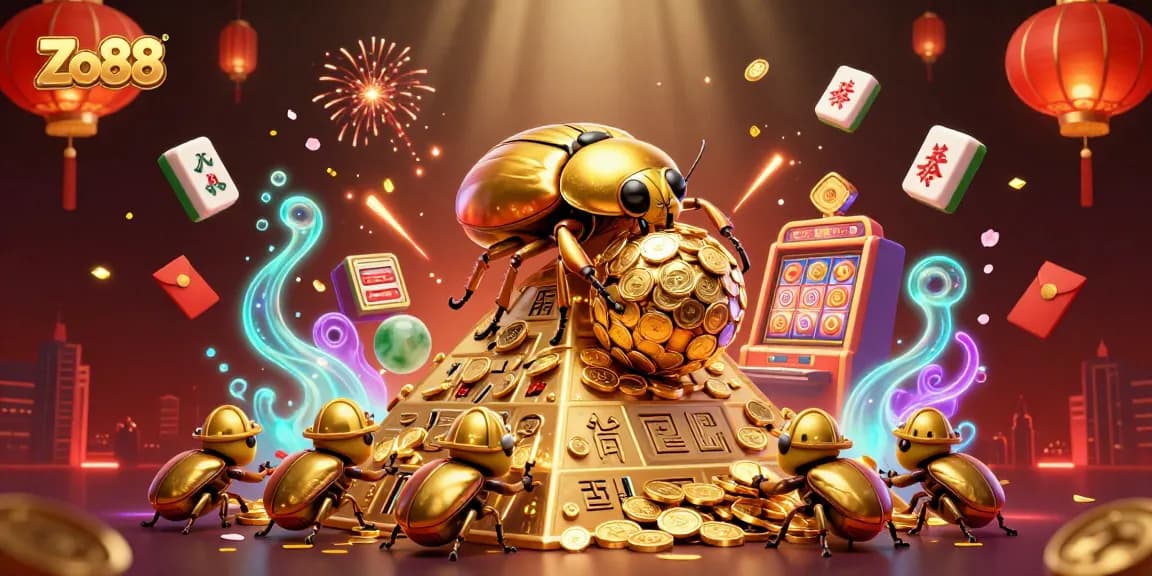 Experience thrilling casino excitement with Zo88's vibrant 3D illustration showcasing ancient symbols and golden treasures.