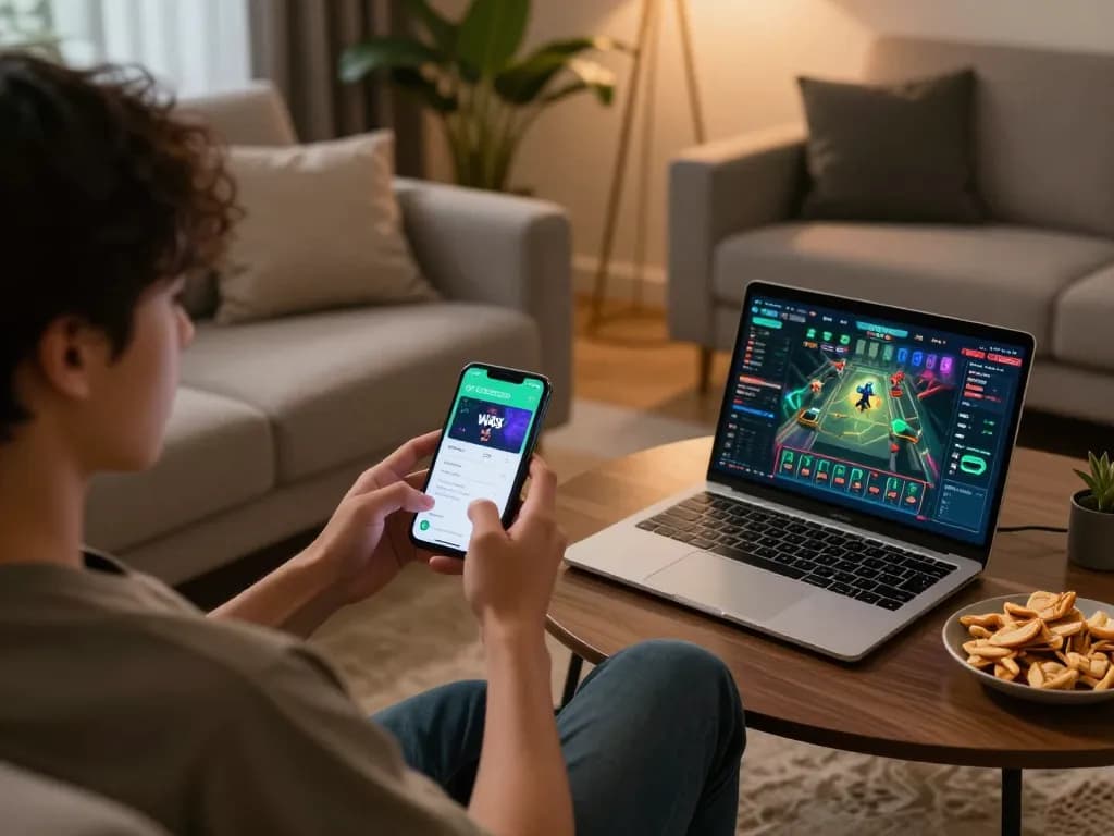 Player enjoying strategic online gaming with the W88 app in a cozy home setting.