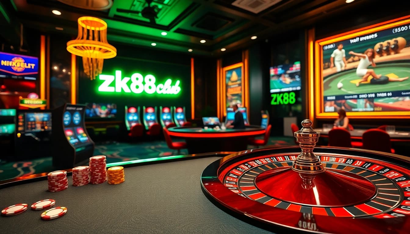Engage with the luxurious casino experience at https://zk88.club/ featuring an array of vibrant chips and a glamorous roulette wheel.