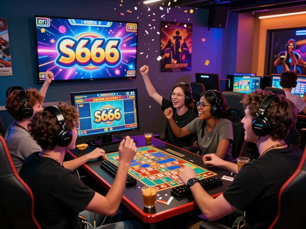 S666 online gaming celebration with players enjoying lottery games and vibrant atmosphere.