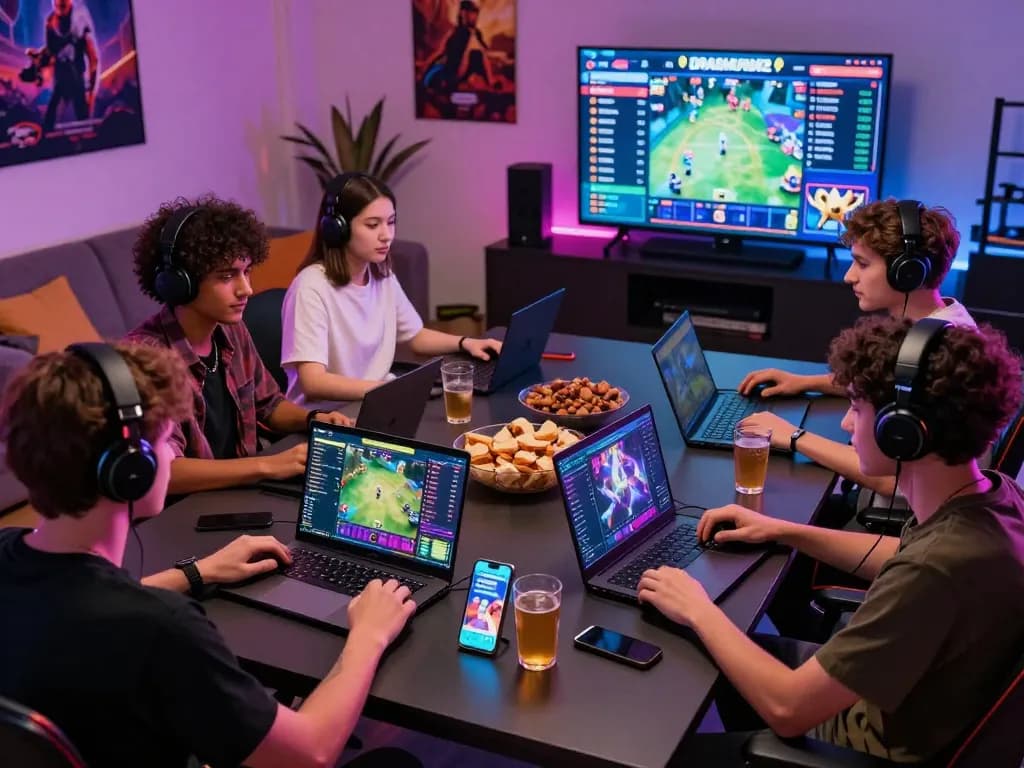 Players enjoying DA88 gaming experience on multiple devices in a lively setting.