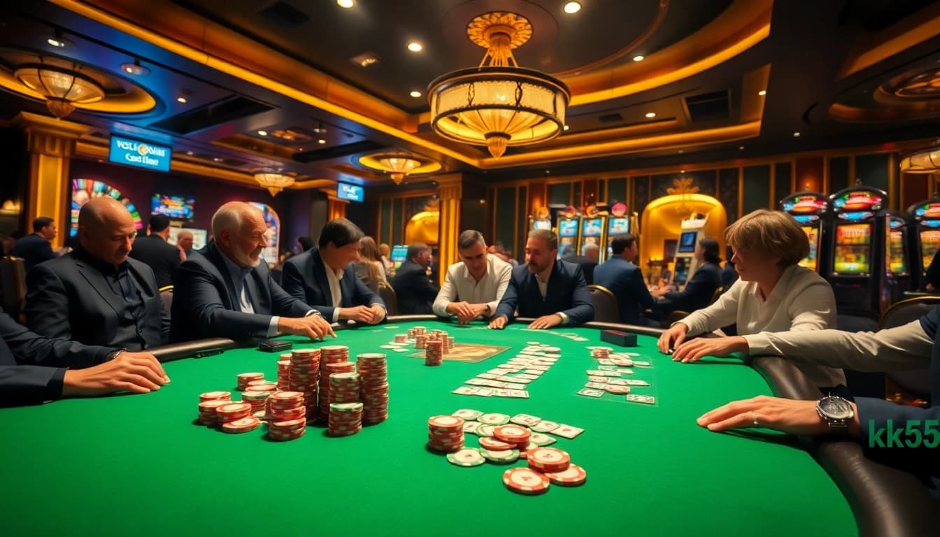 Engaging poker game scene featuring kk55 branding with vibrant chips and cards in a luxurious casino.