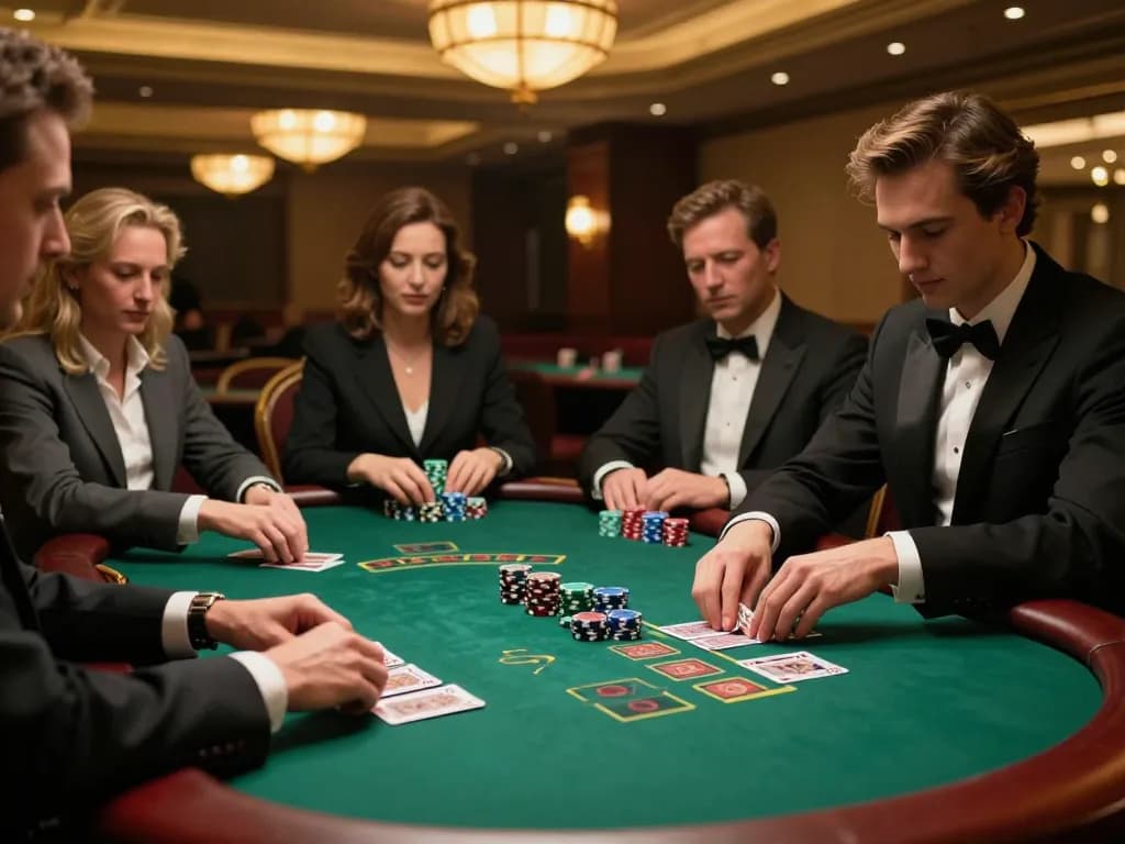 Hitclub players strategizing at a luxurious blackjack table with cards and chips