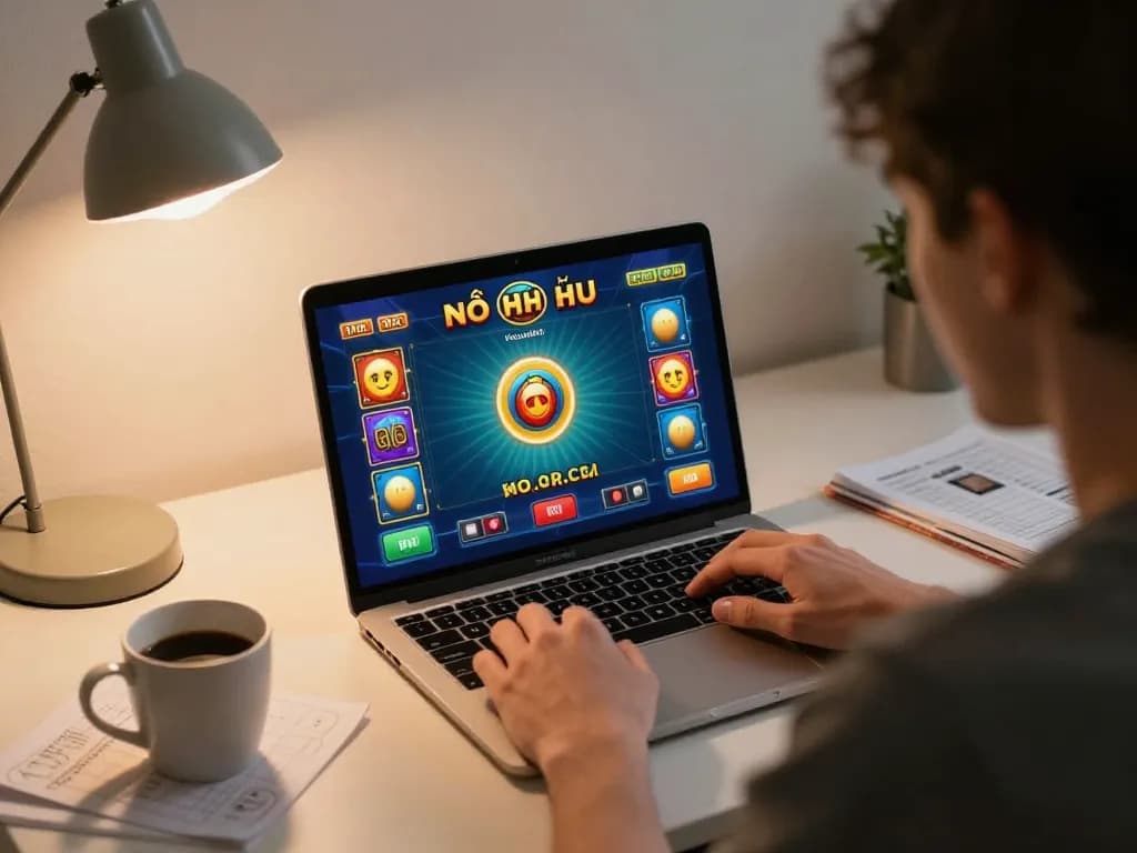 Nổ hũ online gameplay on a laptop with excitement in a cozy home setting.