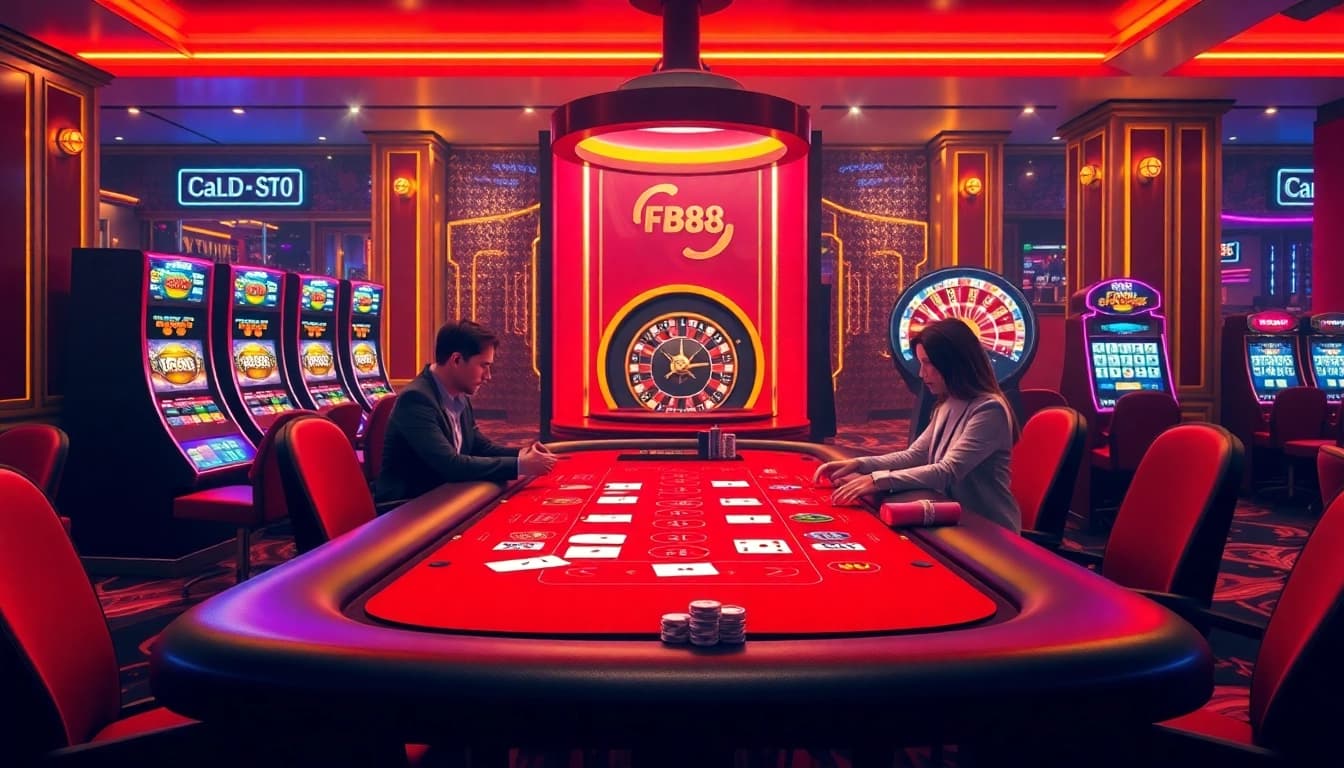 Experience the excitement of FB88 with players engaged in thrilling blackjack action at a luxurious casino table.