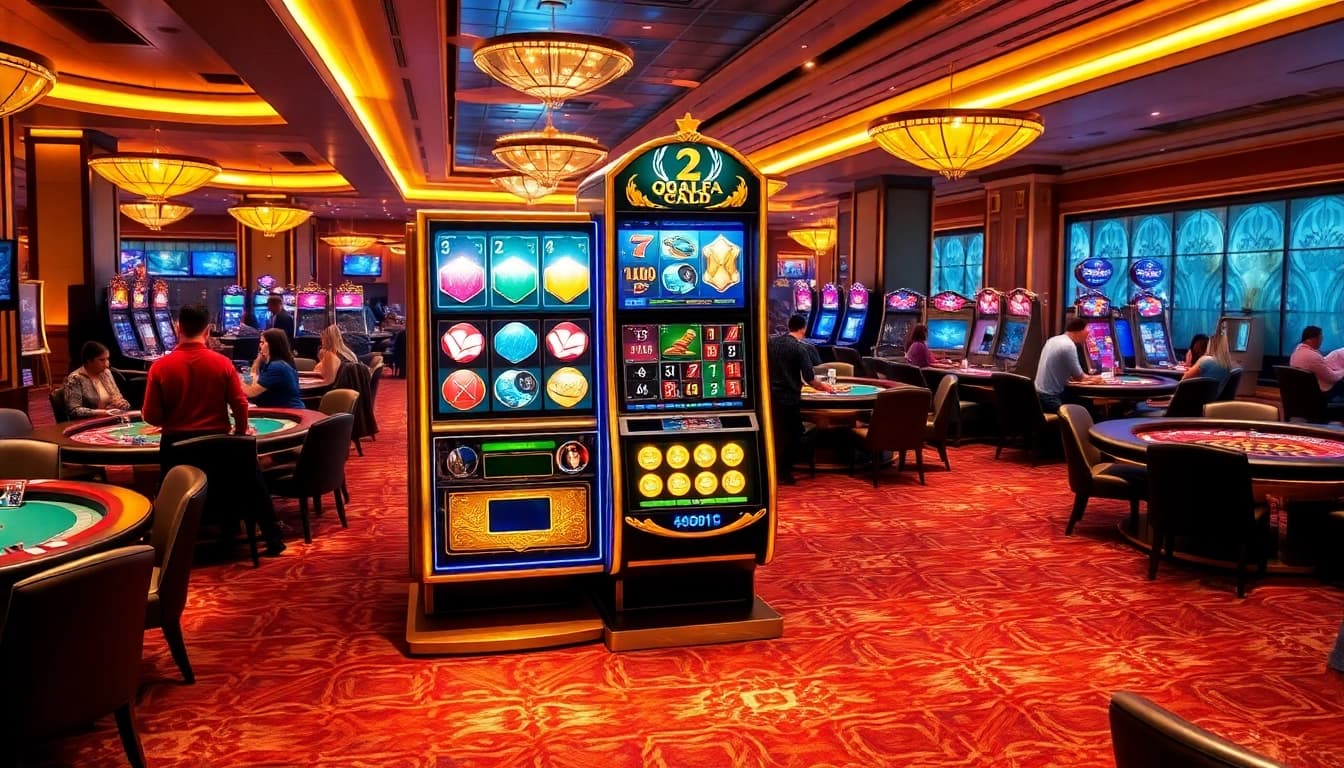 Experience the excitement of qqalfa with this immersive casino scene featuring vibrant slot machines and lively gameplay.