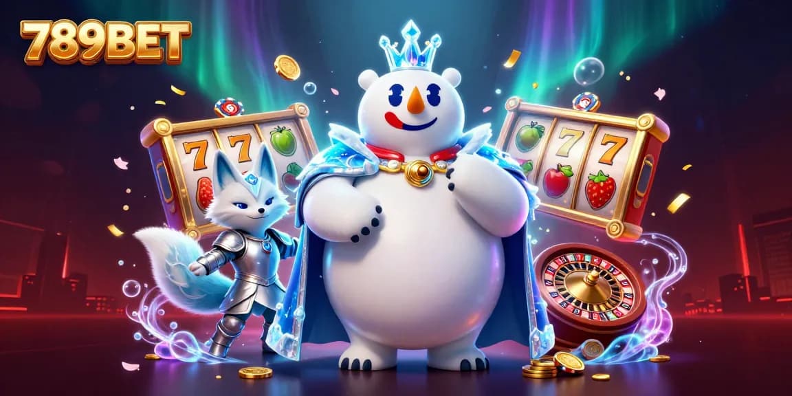 Engage with 789BET as the ice king polar bear and fox companion celebrate gaming wealth with vibrant slots and jewels.