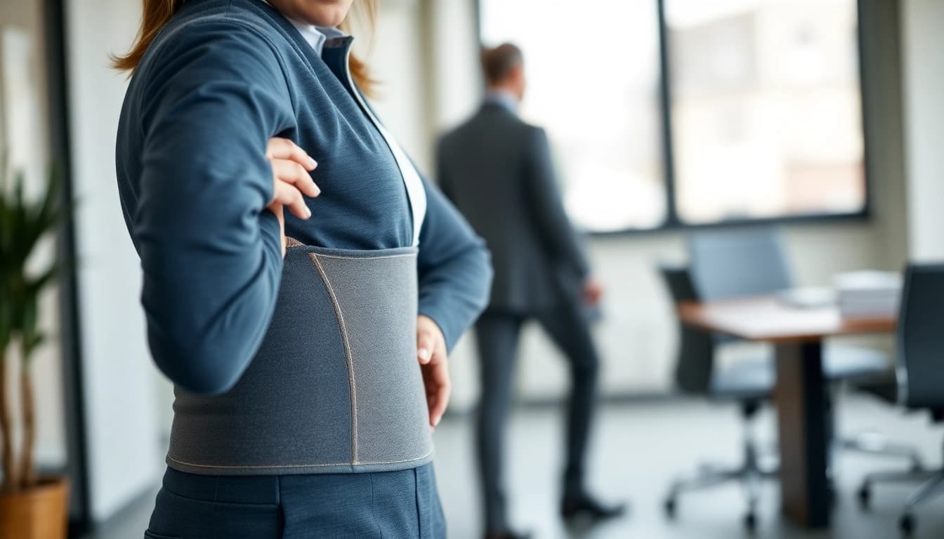 Wearing a posture garment, a person improves their posture in a modern office setting.