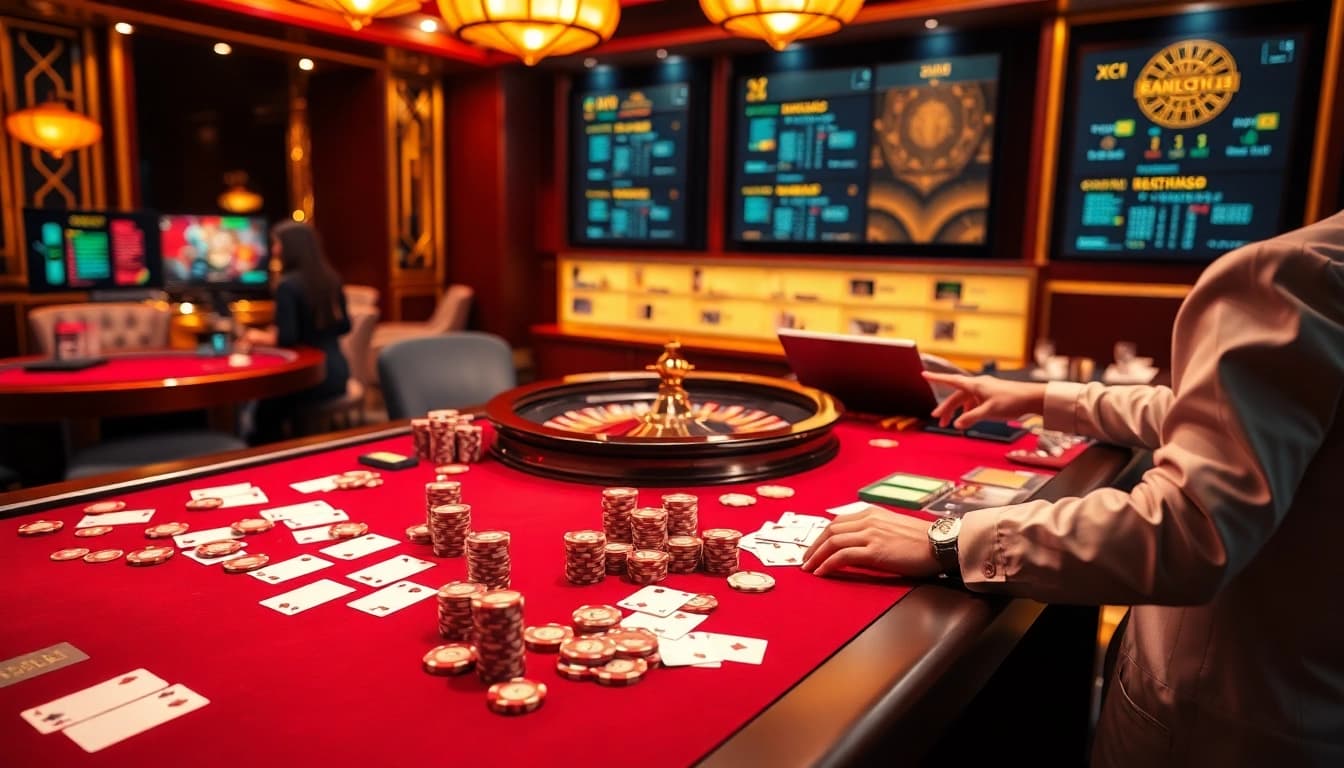 Kinh nghiệm đánh xóc đĩa illustrated with a vibrant online casino scene featuring a modern gaming table and enthusiastic players.
