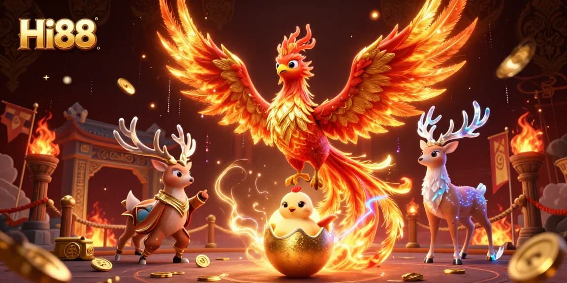 Experience excitement at Hi88 with a vibrant action-packed 3D casino illustration featuring a legendary phoenix.