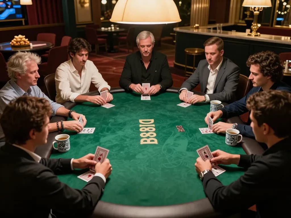 Players strategizing at a DV88 poker game table, showcasing focus and excitement in a luxurious setting.