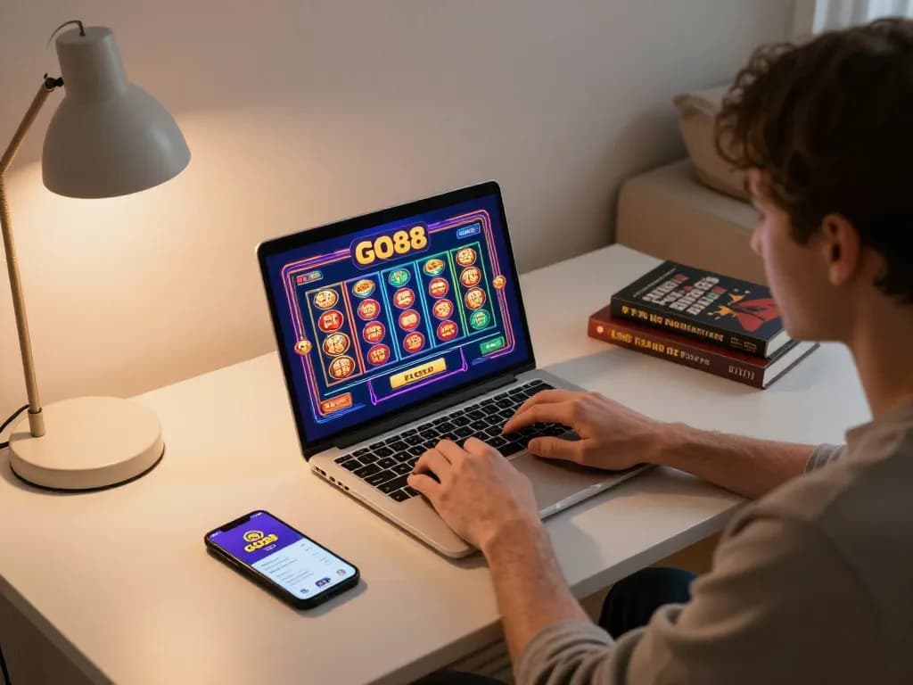 Engaging in online gaming with GO88 on a laptop, highlighting strategic gameplay and exciting visuals
