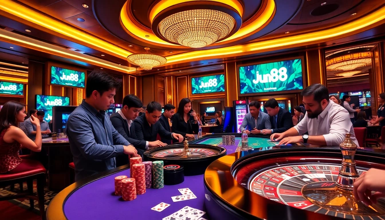 Experience high-stakes gaming at Jun88's luxurious casino table with poker chips and roulette.