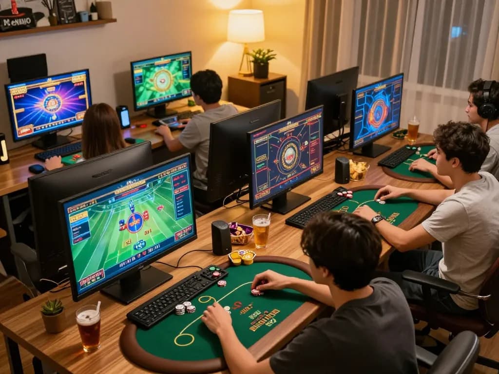 N188 players engaging in dynamic online betting action from a cozy home gaming setup with multiple screens.