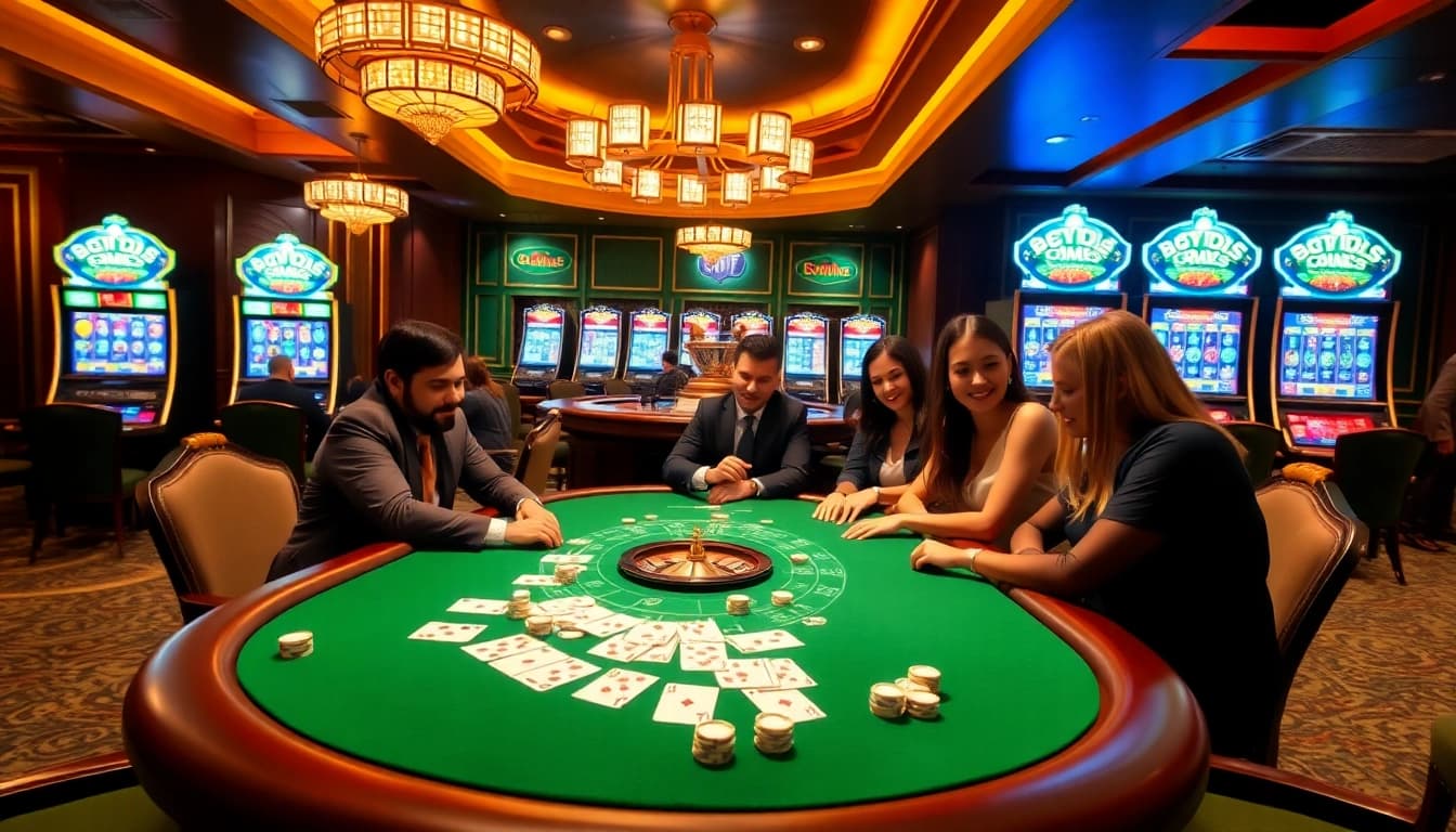 8DAY casino scene with players enjoying poker, vibrant roulette wheel, and luxurious ambiance.