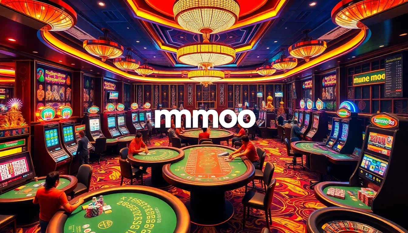 Players experiencing thrilling moments at MMOO casino with vibrant slot machines and poker games.
