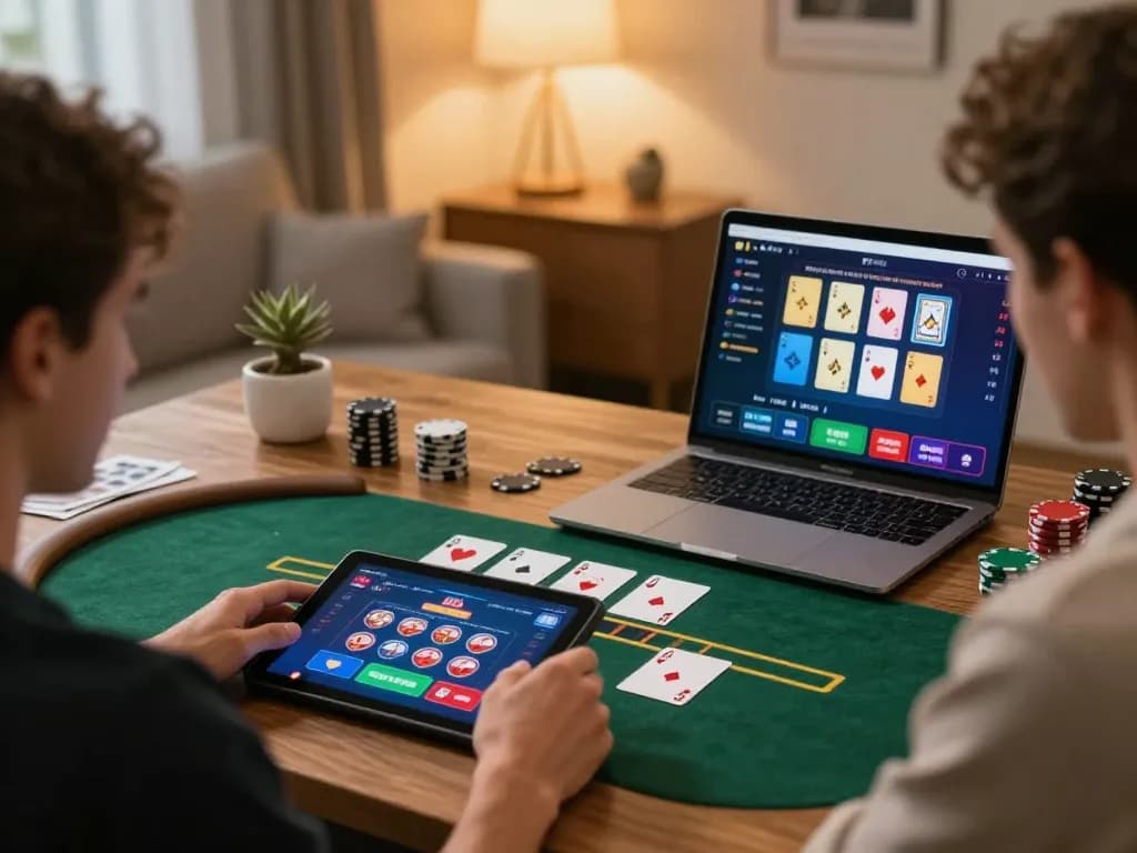 Player engaging in online poker on qh88go tablet in a cozy home setting
