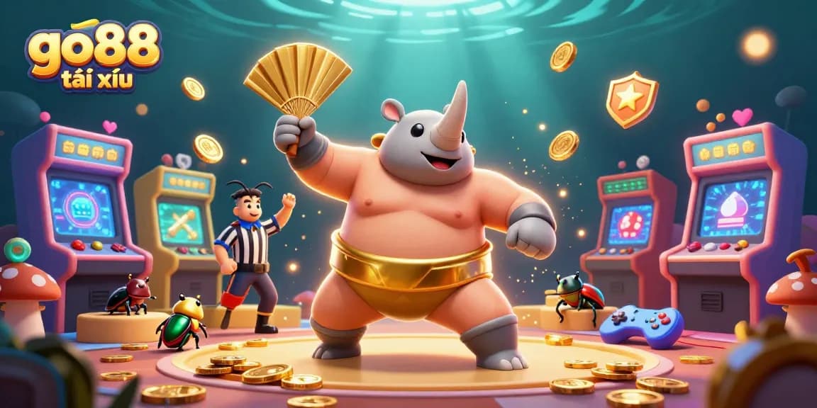 Engage with go88 tài xỉu featuring an energetic beetle champion amidst dynamic arcade game elements.