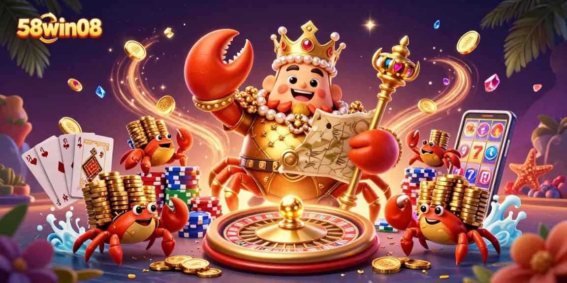 Experience thrilling gaming adventures with 58win08's dynamic casino scene featuring golden crab emperor