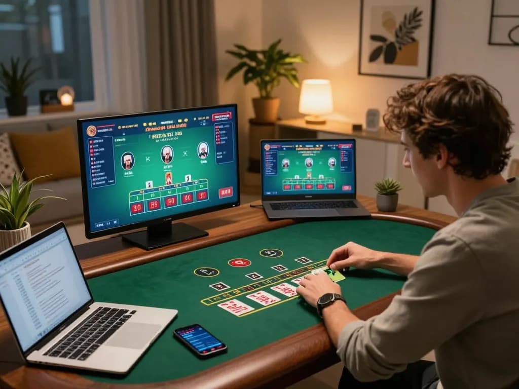 Engaging in live dealer blackjack at home, showcasing mb66 online gaming setup with strategy notes.