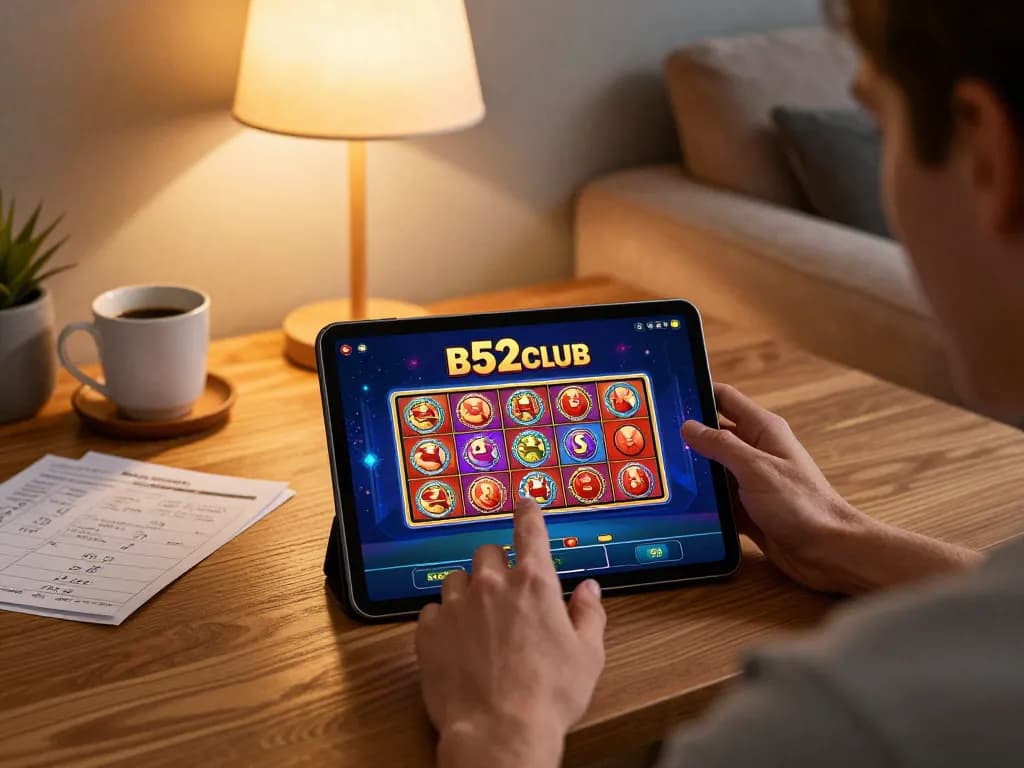 B52club player engaging in online slots gaming from a cozy home setup, focused and enjoying a warm atmosphere.