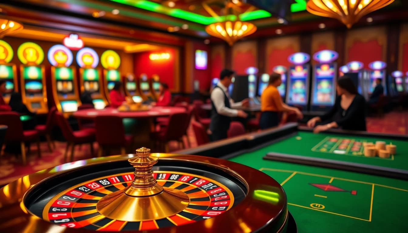 RR88 casino scene featuring vibrant tables, chips, and a roulette wheel that captivates players.