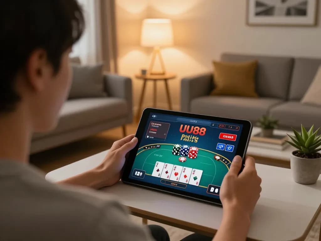 Engaging in a UU88 poker game from the comfort of home, showcasing a modern gaming setup.