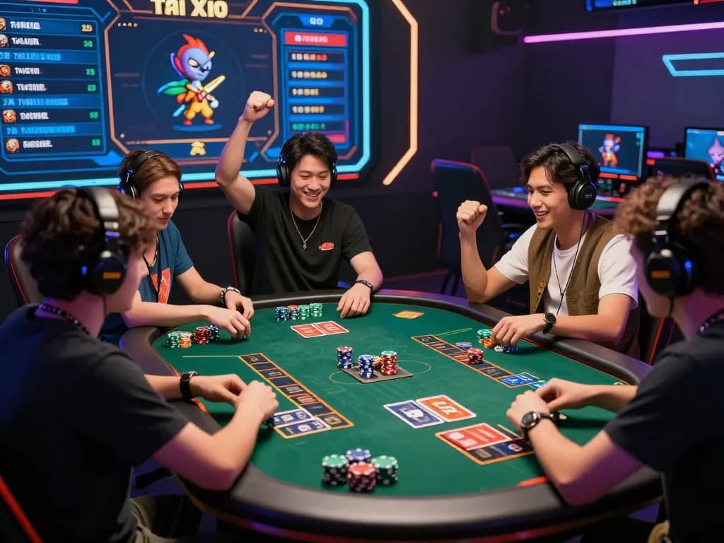 Players enjoying an exciting tài xỉu online game at a virtual table, colorful chips, and glowing interface.