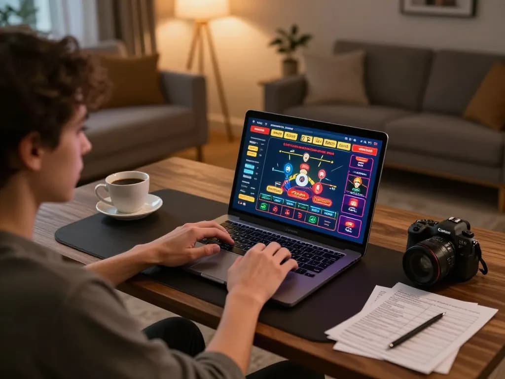 Player enjoying online gaming at home with lc88 on laptop in cozy environment.