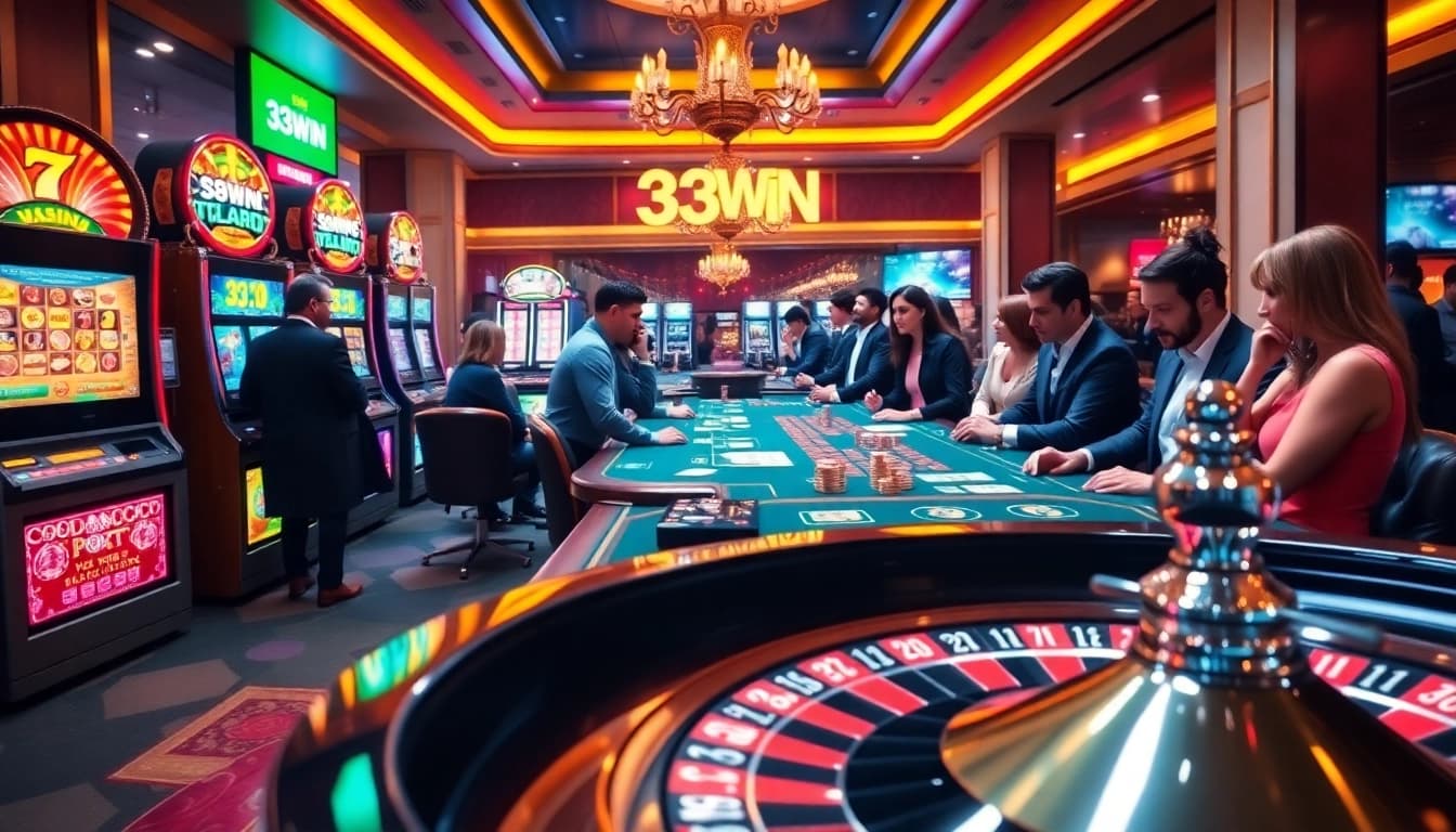 Experience the excitement of 33WIN Casino with players at a vibrant poker table showcasing lavish gambling.
