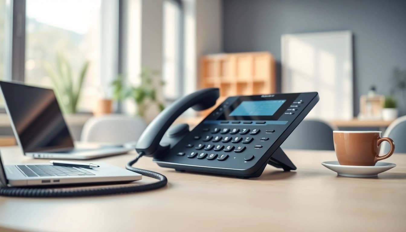 Showcase a small business phone systems setup in a modern office, featuring sleek design and bright ambiance.