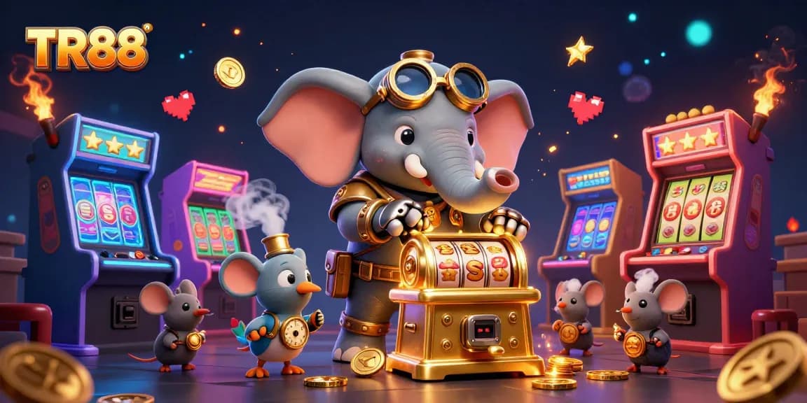 Experience the thrilling world of TR88 with a steampunk elephant operating a golden slot machine.