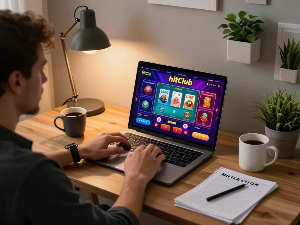 Gambling enthusiast playing on Hitclub casino app with vibrant graphics on screen.