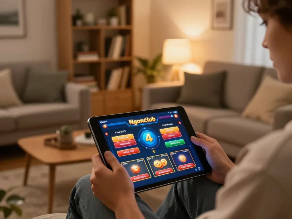 Engaging gameplay on Ngonclub with a person using a tablet in a cozy home gaming setup.