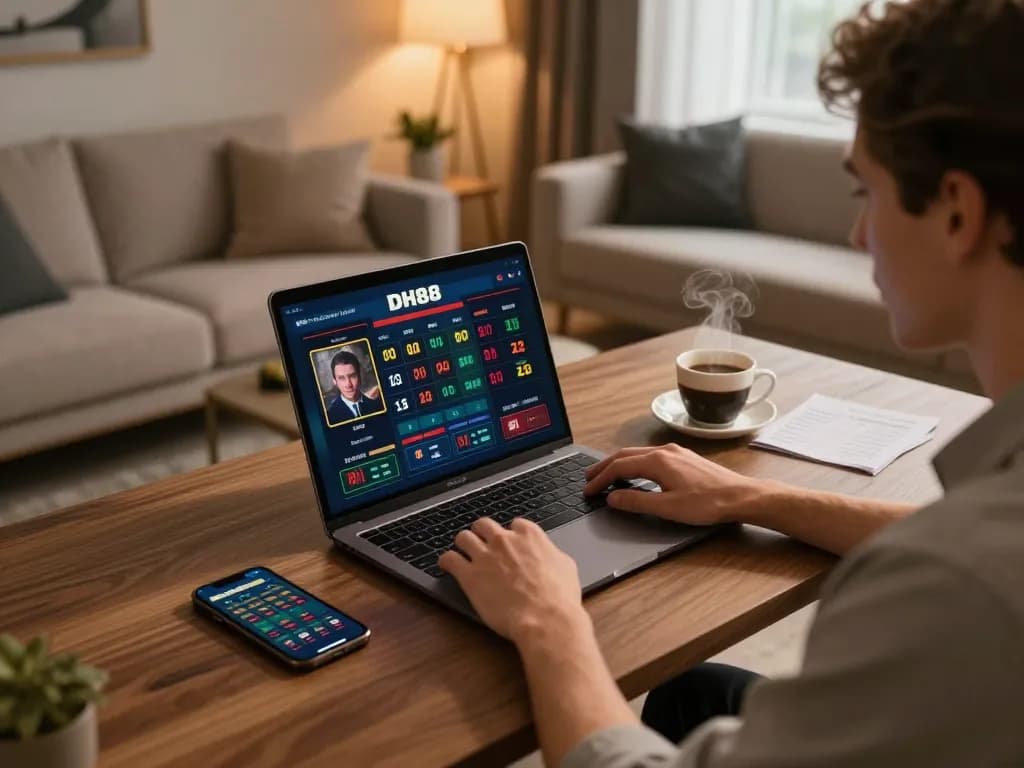 Players engaging in online gaming on DH88 platform with laptops and gaming notes