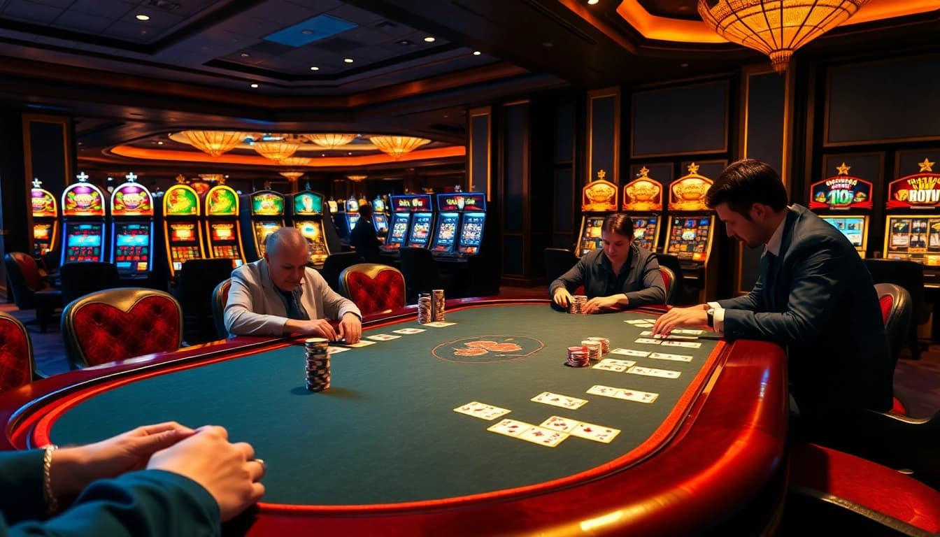 High-stakes poker game at an upscale qh88 casino, showcasing chips and cards under warm lighting.