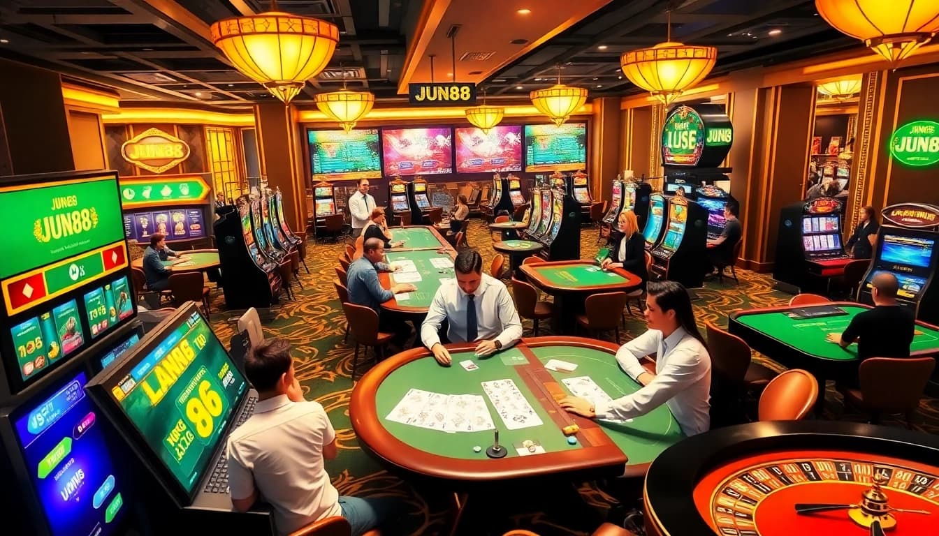 Experience the thrilling ambiance of Jun88 casino games with lively players and rich decor.