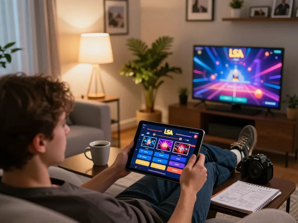 Person plays online casino game on tablet while enjoying a cozy home environment, engaging with the lsa gaming app