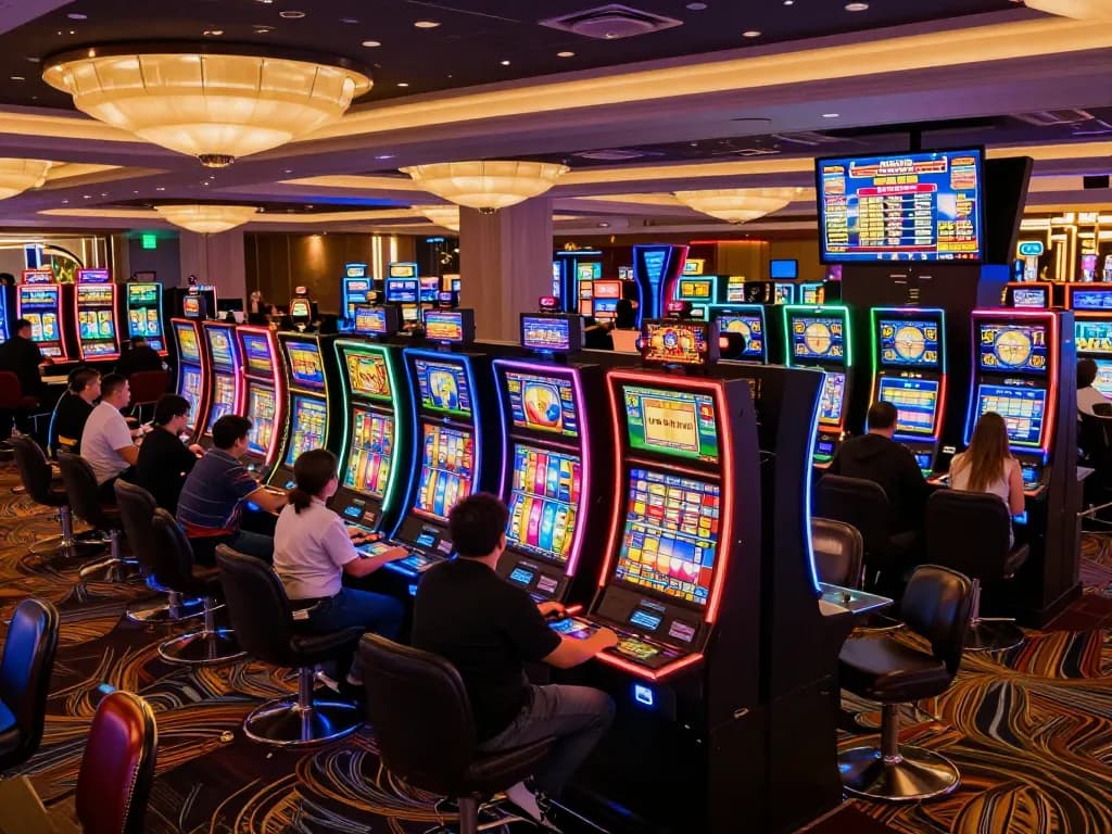 Players enjoying their time at Luckywin's vibrant slot machine area with dynamic gameplay and lively atmosphere.