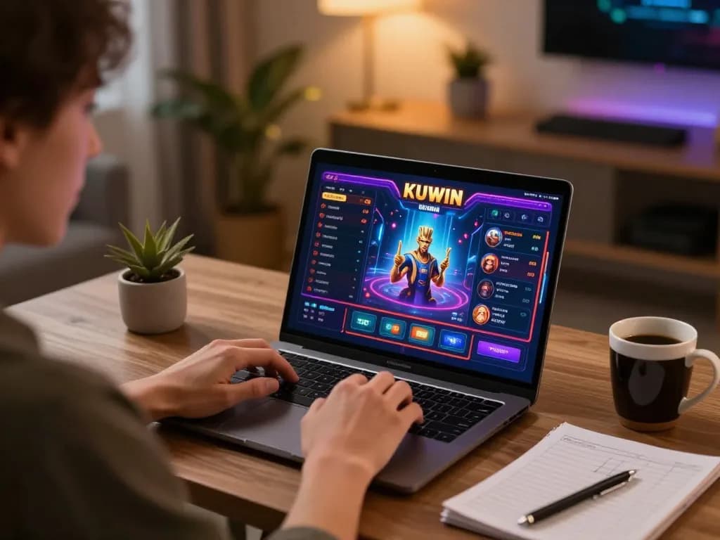 Kuwin online casino interface displayed on laptop screen with player engaged in strategic gameplay.