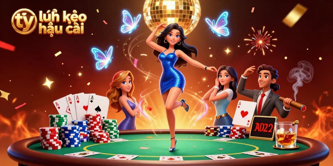 Dynamic scene of tỷ lệ kèo nhà cái illustration with a glamorous dancer, poker elements, and vibrant energy.