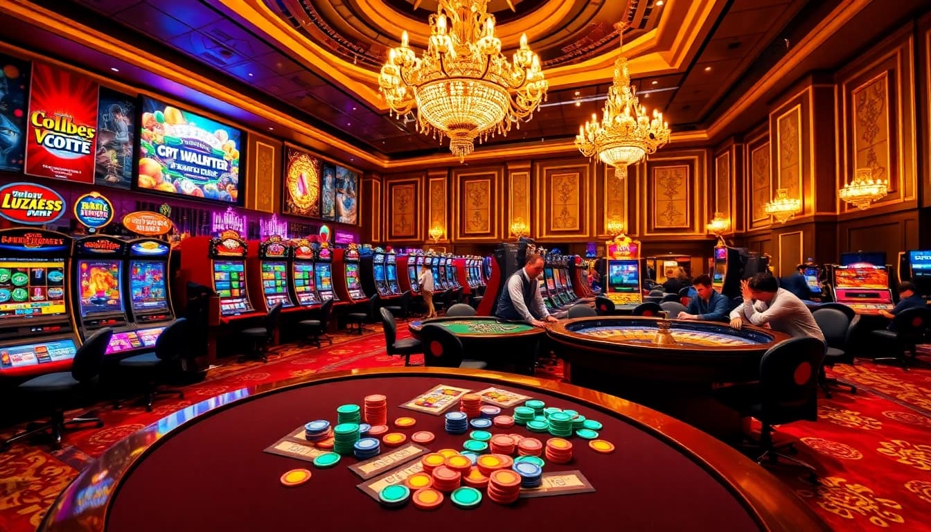 Engaging players at a lively casino scene featuring slot machines from https://tg88.to/ and a roulette table.