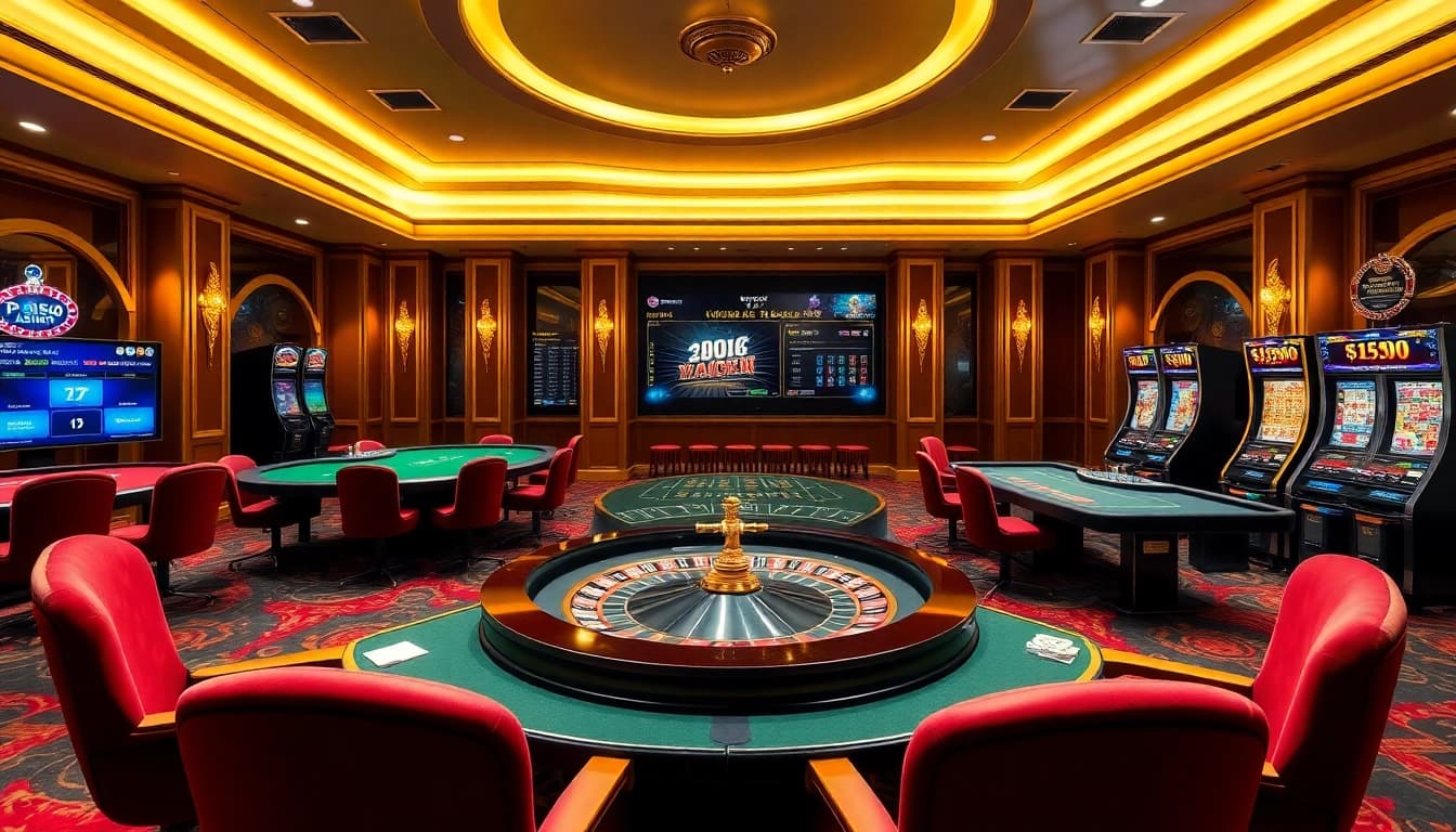 The dynamic gambling experience at https://twin68.world/, showcasing poker chips, cards, and a roulette wheel in an elegant casino setting.