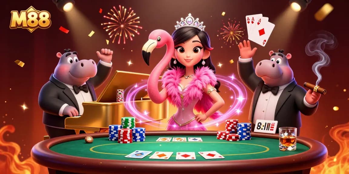 Engage in thrilling betting with M88 at a lively casino scene with vibrant characters and rich game elements.